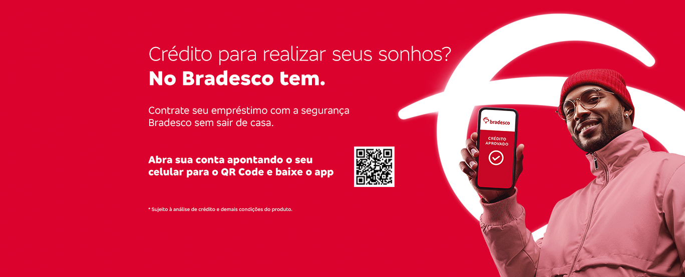 #BradescoAcessível #Pratodomundover        Temos uma imagem com fundo vermelho, onde do lado esquerdo está o seguinte texto em destaque: “Crédito para realizar seus sonhos? No Bradesco tem. Contrate seu empréstimo com a segurança Bradesco sem sair de casa. Abra sua conta apontando o seu celular para o QR Code e baixe o app". Logo abaixo temos um QR Code. Já no lado direito temos a foto de um homem segurando um celular.  