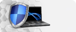 Um notebook com um escudo a sua direita