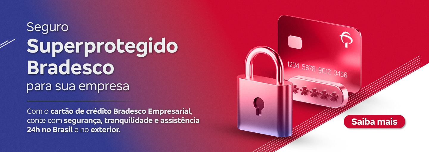 #BradescoAcessível #PraTodoMundoVer: Imagem dividida ao meio, com fundo em tons de vermelho à esquerda e azul à direita. À esquerda, o texto em destaque diz: “Cartão de crédito BNDES” em letras brancas, seguido de: “O apoio que seu negócio precisa para evoluir.” Embaixo, em letras menores: “Parcele suas despesas em até 48 vezes, com taxa de juros atrativas.” À direita da imagem, uma mulher negra, vestindo uma blusa listrada amarela, sorri. Ela está olhando para um celular na mão esquerda e segurando um cartão BNDES na mão direita. Ao lado, um QR Code em destaque com o texto: “Aponte a câmera do seu celular e conheça todos os produtos disponíveis para sua empresa.” Fim da descrição.