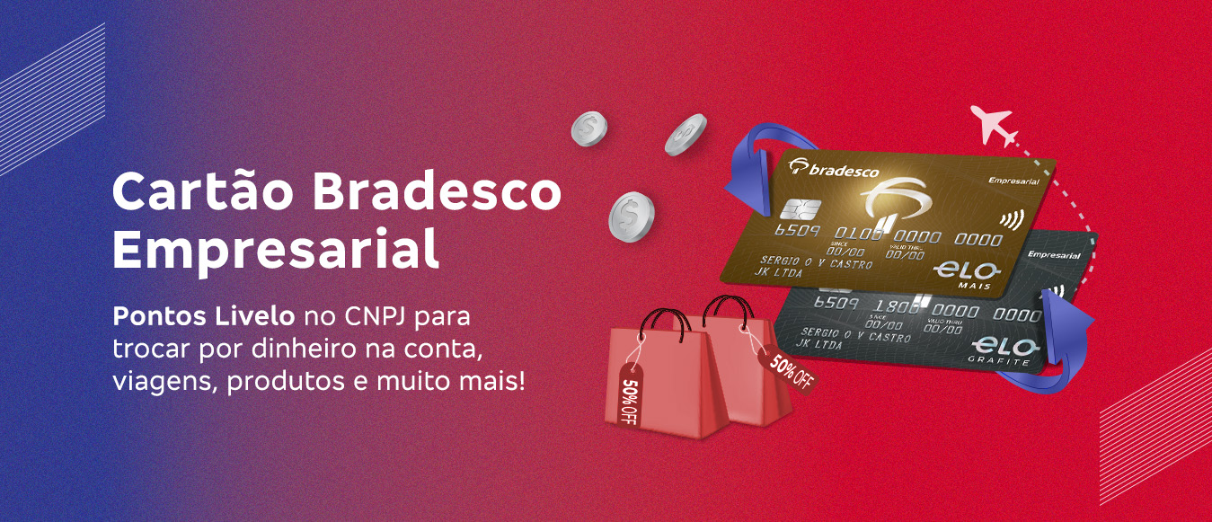 #BradescoAcessível #PraTodoMundoVer: Banner dividido em duas cores: na esquerda, fundo azul e na direita, fundo vermelho. À esquerda, o texto em branco diz: “Cartão Bradesco Empresarial. Pontos Livelo no CNPJ para trocar por dinheiro na conta, viagens, produtos e muito mais!”. À direita, dois cartões Bradesco Empresarial da bandeira Elo estão destacados, um dourado e um preto, com setas azuis em movimento circular ao redor. Acima dos cartões, há moedas flutuando e, ao fundo, um avião em voo com uma linha pontilhada. Abaixo, duas sacolas vermelhas com etiquetas de “50% OFF” completam a imagem. Fim da descrição.